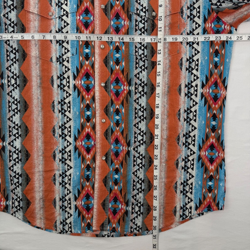 Wrangler Mens Aztec Southwestern Pearl Snap Checotah Western Shirt Orange Blue - Picture 6 of 6